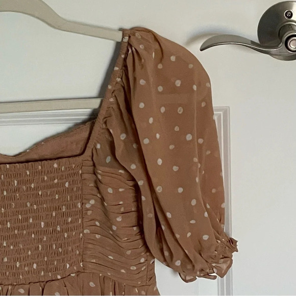 Abercrombie & Fitch Tan Polka Dot Ruched Puff Sleeve Mini Dress 29690 - Picture 12 of 16